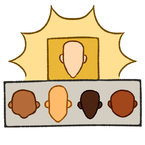 A drawing of a small gold box above a long silver rectangle. The box contains a pale head and the rectangle contains four heads in various shades of brown. Around the box is a pale yellow emphasis effect.